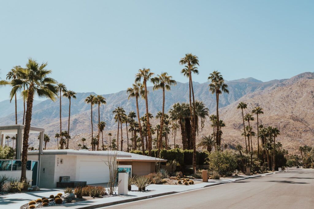 strada di Palm Springs e veduta del deserto con costeggia la città