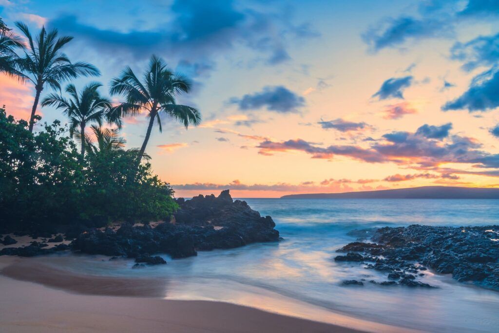 Palme e scogli alle Hawaii al tramonto