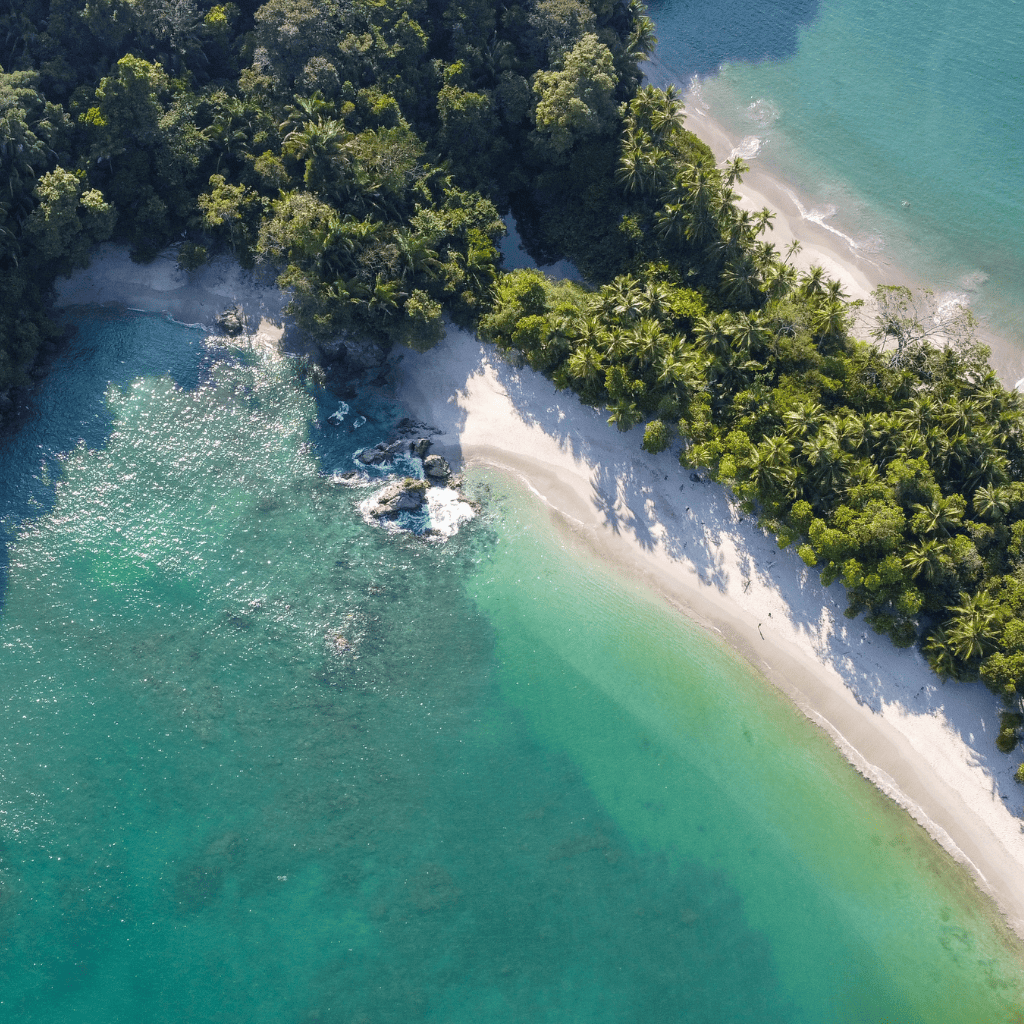 Un angolo di paradiso nel Parco Nazionale Manuel Antonio, Costa Rica: spiaggia di sabbia bianca, acque turchesi e una vegetazione lussureggiante. 